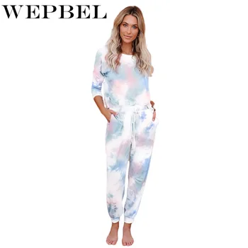 WEPBEL Femei Vara Trening Doamnelor Tie Dye Imprimare Tricou Top + Pantaloni Cordon Set de Două Piese Costume de Homewear Streetwear