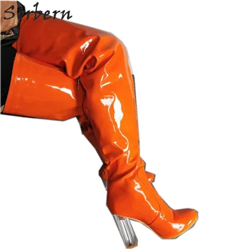 Sorbern Portocaliu De Brevet Plexiglas Tocuri Cizme Femei Personalizate Coapsei Wide Calf Drăguț Rotund Toe Tocuri De Bloc De Boot Unisex Pentru Picioare Subțiri