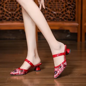 ASHIOFU de Vară 2020 Nou din Piele Brodate cu Ochiuri Toc Gros Subliniat Femei Pantofi pentru Petrecerea de Seara, Elegant, de Moda, Papuci de casă Pantofi