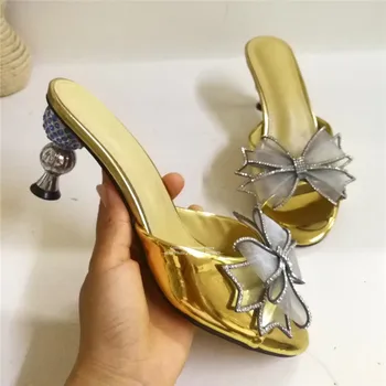 Vara Dantela Fundita Papuci Femei Peep Toe Slim Superficial Pantofi de Partid Ciudat Mingea cu Toc de Cristal Decor Femei Papuci 35-42