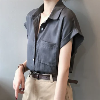Cămașă cu Mânecă scurtă pentru Femei Tricou Vrac coreean Topuri Femei Bluză Albă Șifon Buton Solid Împletit Buzunar Blusas Tricouri 0693