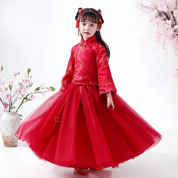Roșu Chinez Fete Printesa Eleganta Din Dantela Rochie De Petrecere Copil Rochie Fete Printesa Rochie De Vacanță De Anul Nou Rochii Fete Pentru Copii