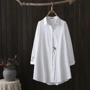 Plus dimensiune femei O linie lungă de bumbac alb, tricouri Simple, broderie cu maneci lungi 2021 nouă primăvară casual doamnelor bluza topuri de sex feminin