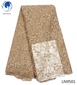 BEAUTIFICAL nigerian țesături dantelă de culoare de aur tul dantela tesatura de Moda elegant brodate margele franceză net dantela pentru rochie LN95