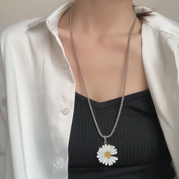 Fashon Bijuterii Colier Lung Stil De Singur Lanț Cu Crizantema Alba Pandantiv Colier Pentru Femei Bijuterii Pulover Colier