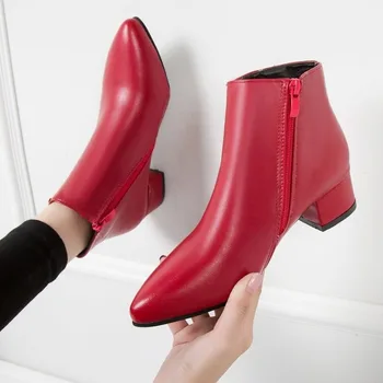 2020 Femei De Moda Cizme Casual Din Piele Scăzut Tocuri Inalte Pantofi De Primăvară Femeii A Subliniat Toe Glezna Cizme De Cauciuc Negru Roșu Zapatos Mujer