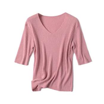 2020 Noi de Vara Femei Tricou de Moda Tricotate Mâneci Scurte Teuri de Sus V-Neck Rib Feminin Casual T-shirt