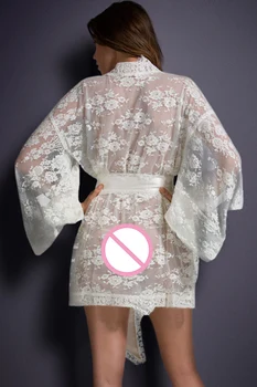 Pur Negru Dantelă Transparentă Kimono-Halat Intima, Pijamale Halat Rochie De Noapte Femei Lenjerie Sexy Pijama, Cămașă De Noapte 21998