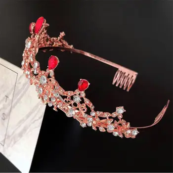 Roșu Regal Baroc Regina de Aur Nunta Coroana de Cristal Tiara Printesa Benzi pentru Femei Petrecerea de Ziua Headpieces