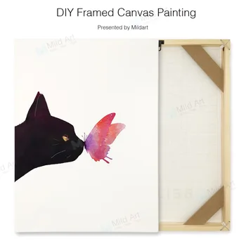 Acuarelă Pisica Neagra Fluture DIY Pânză de Lemn Încadrată A4, Postere de Arta Nordică Perete Copii Imagine de Fată Cameră Decor Agățat Pictura