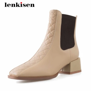 Lenkisen întinde cizme din piele adevărată broderie bumbac tricotat square toe toc gros alunecare convenabil glezna cizme L8f3