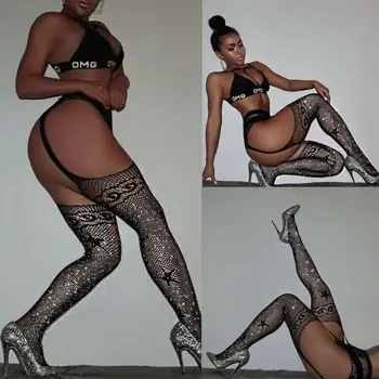 Vânzare fierbinte Sexy Femei Net Fishnet Bodystocking talie mare Cristal Fesă Model Star Model Dresuri Stramte Ciorapi Lenjerie intima