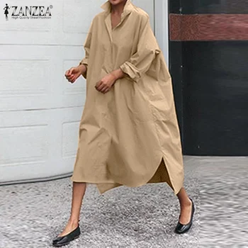 ZANZEA 2021 Masiv Elegant Rochie de Camasa pentru Femei Toamna Sarafan Casual, Asimetric Midi Vestido FemaleLapel Butonul Halat Supradimensionate