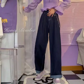 Japoneze Fata De Toamna Talie Mare Direct Blugi Largi Picior Subtire Albastru Pantaloni Casual Femei Design De Lanț Pantaloni Student