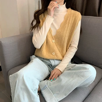 Subțire Retro Vesta Pulover Femei V-Neck Solid Moda Coreeană Vesta Tricotate Cardigan Vintage Tricotaje Pentru Femei Imbracaminte De Toamna 2020