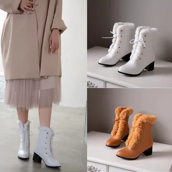 ZJVI 2020 Iarna Femeie Sexy Cizme de Zapada Pentru Femei Cizme Glezna Cald Pentru Gils Dantela Copii Doamnelor 6cm Patrati, Pantofi cu Toc inalt