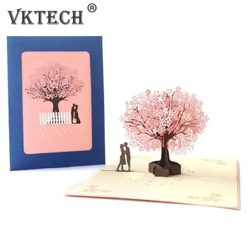 1 buc 3D Pop-up de Carduri Nunta Cireș Invitatii Carduri de Ziua Îndrăgostiților Felicitări Handmade Card Iubitorii de Cuplu carte Poștală