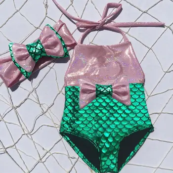Copilul Fata Copil Copil Haine de Sirena Costume de baie Verde Paiete de Aur Bowknot Bikini Costume de baie Costum de Baie Copii Fete 0-3Y