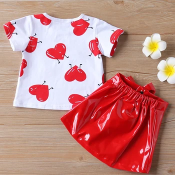 New Sosire Inima Drăguț Model Scurte T-Shirt și PU Piele Fusta Costum de Haine de Vară a Copilului Fata de 1-6 Ani