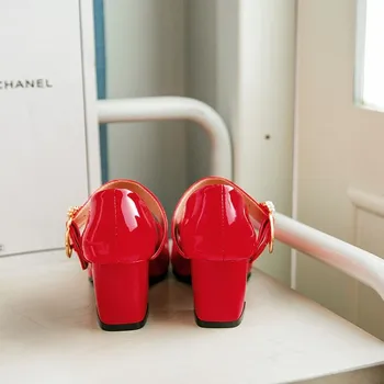 MAZIAO Noua Moda Solide din Piele de Brevet Femei Tocuri Superficial Catarama Curea Femei de Înaltă Pompe Perla Catarama Femei Pantofi Mary Jane