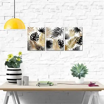 3 Bucată de Pânză de Perete de Arta Aur și Negru Tropicale cu Frunze de Pictura Arta Imprimeuri Botanice de Plante Postere Dormitor Baie Decor de Perete
