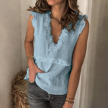 Vara Femei Bluza Solid V-neck fără Mâneci Ciufulit Femei Bluze Lejere Casual Camasa Eleganta Naveta Acasă Haine de sex Feminin