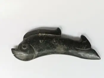 YIZHU CULTUER Colecție de ARTĂ Veche Chineză Cultura Hongshan Jad Negru Sculptură Pește Statuie Pandantiv