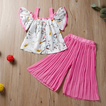 Copil de vara Fete Casual, Haine de Bumbac Set Curea Florale Off-umăr Topuri tricou+Pantaloni Largi Costume Costum Set