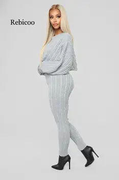 Tricotate 2-bucata femei top cu mâneci lungi și pantaloni sexy 2019 pulover de iarna costum din două piese