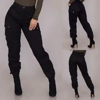 Femei Elegante Pantaloni Talie Mare Pantaloni Negri Buzunare Buton De Design În Stil Gotic, Pantaloni Culoare Solidă Timp De Pantaloni Plus Dimensiune