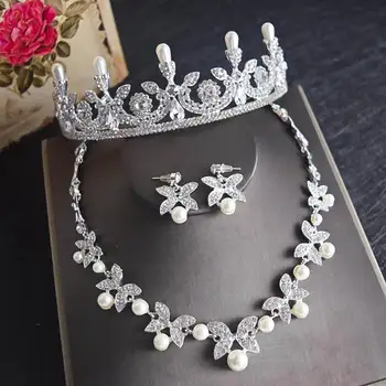 Petrecere de nunta Mireasa domnisoare de Onoare Coroană de Flori Tiara + Colier Cercei Set Bijuterii articole pentru acoperirea capului Printesa Ornament de Par 2018 SJT0028