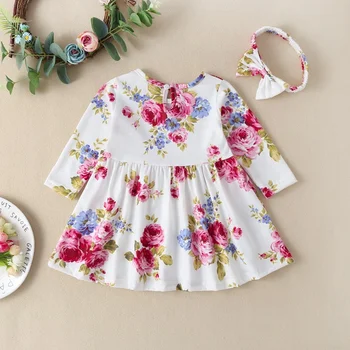 Copii Fată Dress 2020 2 buc Rochie+bentita Fetita Imbracata Vânzare Fierbinte de pe Plajă Copil Drăguț Printesa Rochie de Flori Imprimate Rochie de Vara
