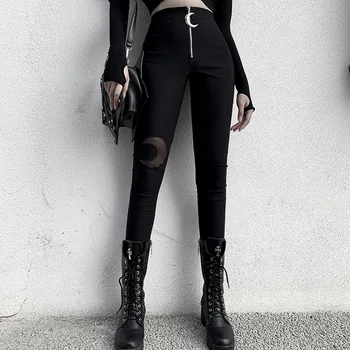 Gothic Fată Casual Negru Jambiere De Metal Decor Semiluna Cu Fermoar Talie Mare Strânse Picioarele Pantaloni Sex Feminin Uri De Moda