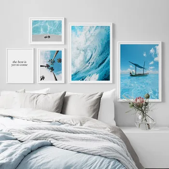 Ocean albastru piscină copac de nucă de cocos alb spray arta de perete panza pictura de călătorie poster și living decoratiuni interioare