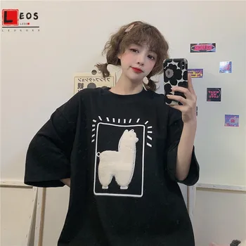 Desene animate T-shirt Femei Alpaca Imprimate Vrac Maneca Scurta Pentru Femei Supradimensionat Animal Topuri Casual de Vara coreea Style Drăguț Tees