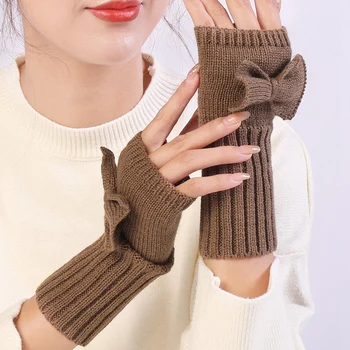 Toamna și Iarna Femei Bowknot Drăguț Moda Mănuși Tricotate din Lână Cald Jumătate-Deget Mănuși de Degete