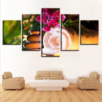 Înfrumusețează 5 Bucati HD Print Panza Tablouri Pentru Living Flori Roz Si Piatra Spa Perete Postere de Arta Decor Acasă Imagini