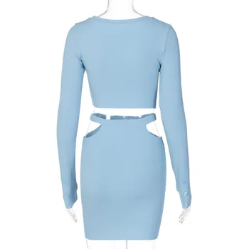 2021 Nou Sexy Femeie Streetwear Tricotate Nouă-punct Bluza cu Maneca Lunga O-gât Albastru Gol Toamna Strâns Costum din Două piese