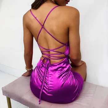 De Vară 2020 Femei Sexy Backless Spaghete Curea Rochie din Satin cu Cordon Ruched rochie Bodycon Mini Rochii de Club Rochie Petrecere vestidos