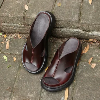 510-6 Nou stil Retro piele de Vacă din Piele cu talpi Groase Sandale pentru Femei cu Cap Rotund Brioșă Pante și Sandale Femei Pantofi