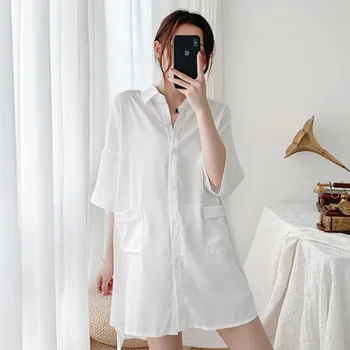 Femei Albe, Jumătate Maneca Raionul cămașă de noapte Sexy Pătrat Guler de Cămașă de noapte Simplă de Vara Noi Sleepshirt Casual Acasă Rochie M-XL