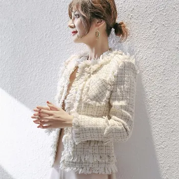 Femeie Elegant Tweed, Blana Scurta De Toamna Office Doamnelor Ciucure Slim Fit Sacou Verificate Vintage Perle Pieptul Singur Costum De Haine