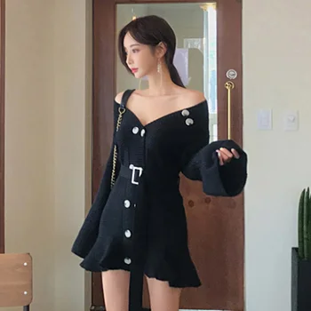 Dintr-O Bucata Rochie Pulover Pentru Femei 2020 Toamna Cu Maneci Lungi Dublu Rânduri Tricot Rochii Sexy Femeie Coreean Mini Drăguț Rochie De Femeie