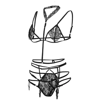 Babydoll Sexy Femei Sexy Lace 3pcs Set de Sutien Sexy lingerie Fashion Bandaj Erotic Lenjerie intima Sutiene Jartiera Chiloti Seturi de Lenjerie de corp #W