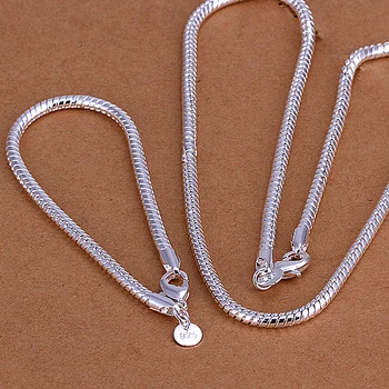 Moda en-gros Bijuterii Argint 925 4MM Șarpe Lanț Colier & Bratara Set de înaltă calitate Set de Bijuterii Unisex