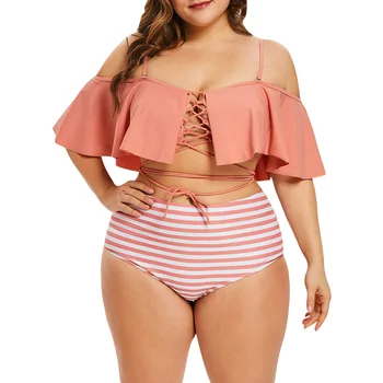 Modă Plus Dimensiune Dantelă Sus cu Dungi Panoul de Bikini Set Curele de Spaghete Talie Mare pentru Femei Costum de baie Sârmă Gratuit Costum de Baie de Dimensiuni Mari