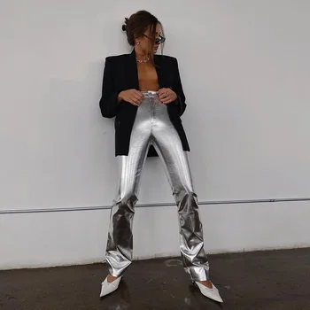 MyZyQg Femei Luciu Metalic Cutat Gramada Pantaloni De Moda De Stradă Pantaloni Cu Talie Înaltă Casual Slim Îmbrăcăminte
