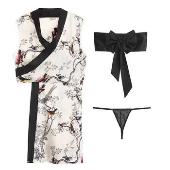 Retro Kimono Tradițional Cămașă De Noapte Femei Fără Mâneci Split Partea Satin Cheongsam Sleepwear Gol Subțire Florale Imprimate Sleepwear