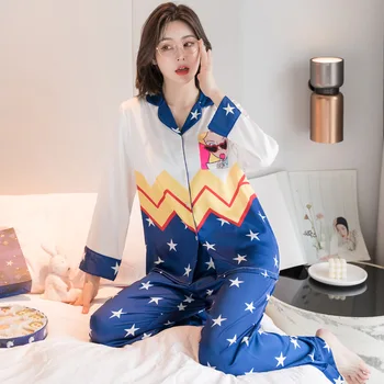 2020 Toamna anului Nou de Mătase pentru Femei Pijamale Desene animate Casual cu mâneci Lungi Cardigan Pantaloni Lungi Curcubeu Pijama Satin Homewear Costum Camisola