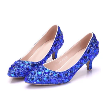 2019 Artizanat Stras Nunta, Pantofi de Mireasa Royal Albastru de Cristal de Aur Petrecerea de Absolvire Pantofi de Bal 5 cm Toc mic Pantofii de Seara